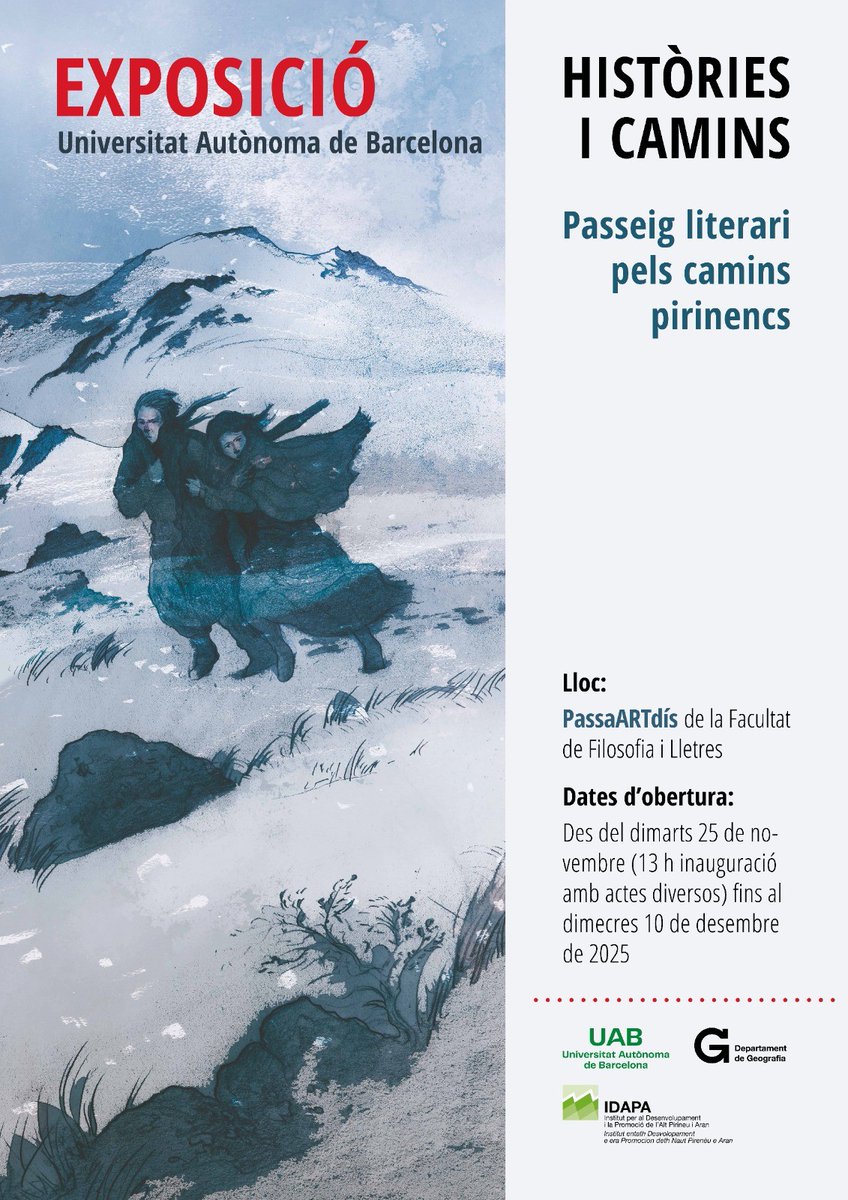 Geografia_UAB's tweet image. Eps! apunteu-vos- a l&apos;agenda, el proper 25 de novembre inauguració de l&apos;exposició &quot;Històries i camins. Passeig literari pels camins pirinencs&quot; de la qual la @NuriaGarciQuera és la comissària. @apelachs, @acebollada, @gramp_uab
sompirineu.cat/histories-i-ca…