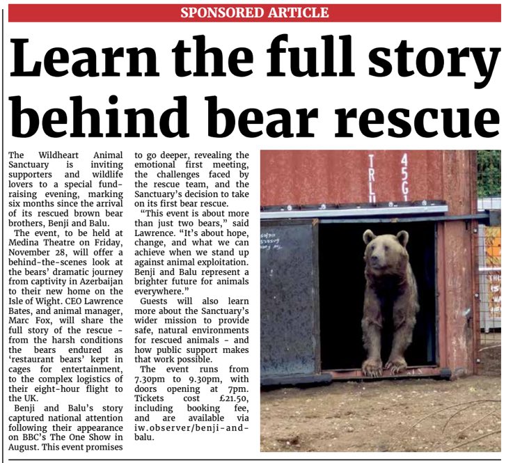 Thank you to <a href="/IsleOfWightObs/">IOWobserver</a> for The Sponsored Benji and Balu 🐻🐻 article advertising Their Rescue Story <a href="/WildheartTrust/">The Wildheart Trust</a> To book tickets 🎫 please click on the link ⬇️ wildheartanimalsanctuary.org/whats-on/2025/…