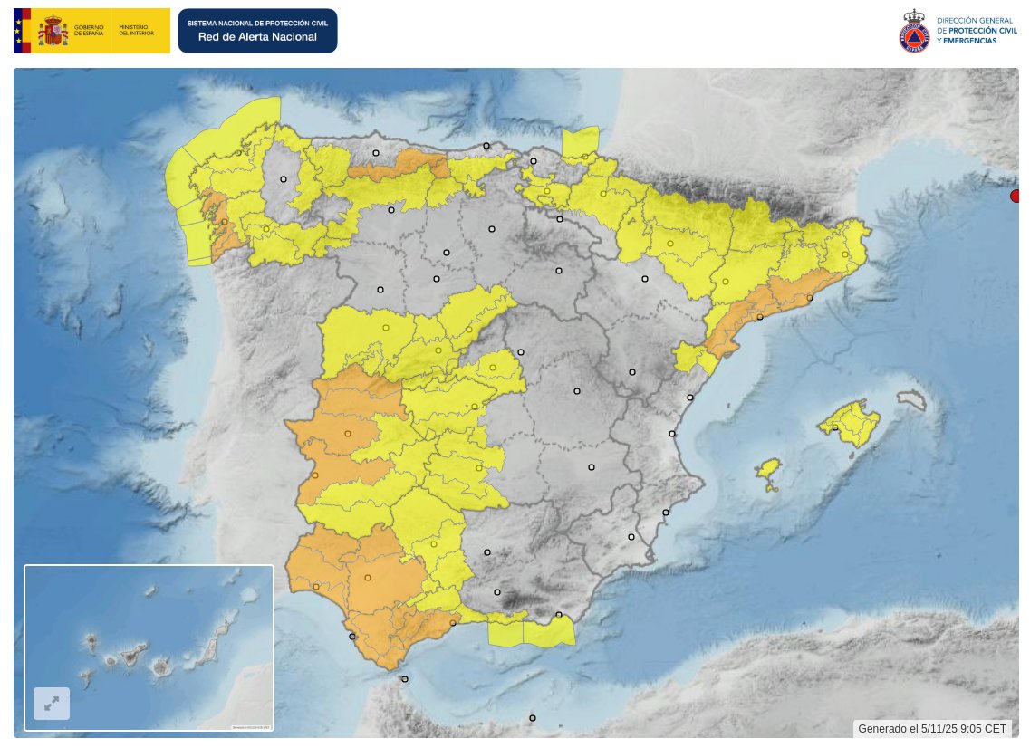 🗓️ Miércoles 5 de noviembre
📢Fenómenos meteorológicos adversos
⏱️Próximas 24 horas

Riesgo🟧
🌧️Zonas de Andalucía, Cataluña, Extremadura, Galicia
⛈️Zonas de Andalucía
🌬️Zonas de Asturias y Cantabria

Riesgo🟨
🌧️⛈️🌊🌬️14 CCAA y Ceuta afectadas

Infórmate👉ran-vmap.proteccioncivil.es