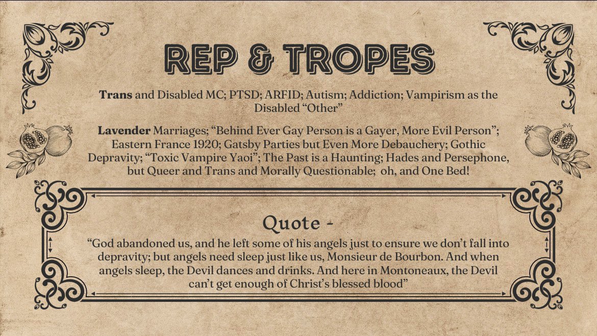 shepardnosheep's tweet image. oh what’s that, another repost of this editor’s guide of PFH for #questpit ? more likely than you’d think! 

🍷transmasc, ace, disabled mc
🩸past is a haunting
🍷1920’s france
🩸wealth corrupts absolutely
🍷pomegranates are the devil’s fruit
🩸religious trauma

#AG #OS #H #DR