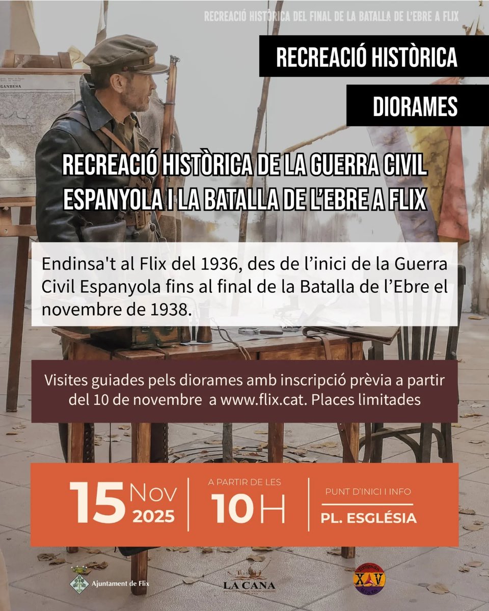 FlixTurisme's tweet photo. Aquest cap de setmana #Flix farà un viatge en el temps per conèixer la nostra història més recent 📜 Torna la Recreació Històrica del final de la batalla de l'Ebre 💥

ℹ️ https://t.co/Gb3wMXSKK1
#descobreixcatalunya #TerresdelEbre #TurismeDipta @terresebretur @Dipta_cat https://t.co/34ym6jv1UK