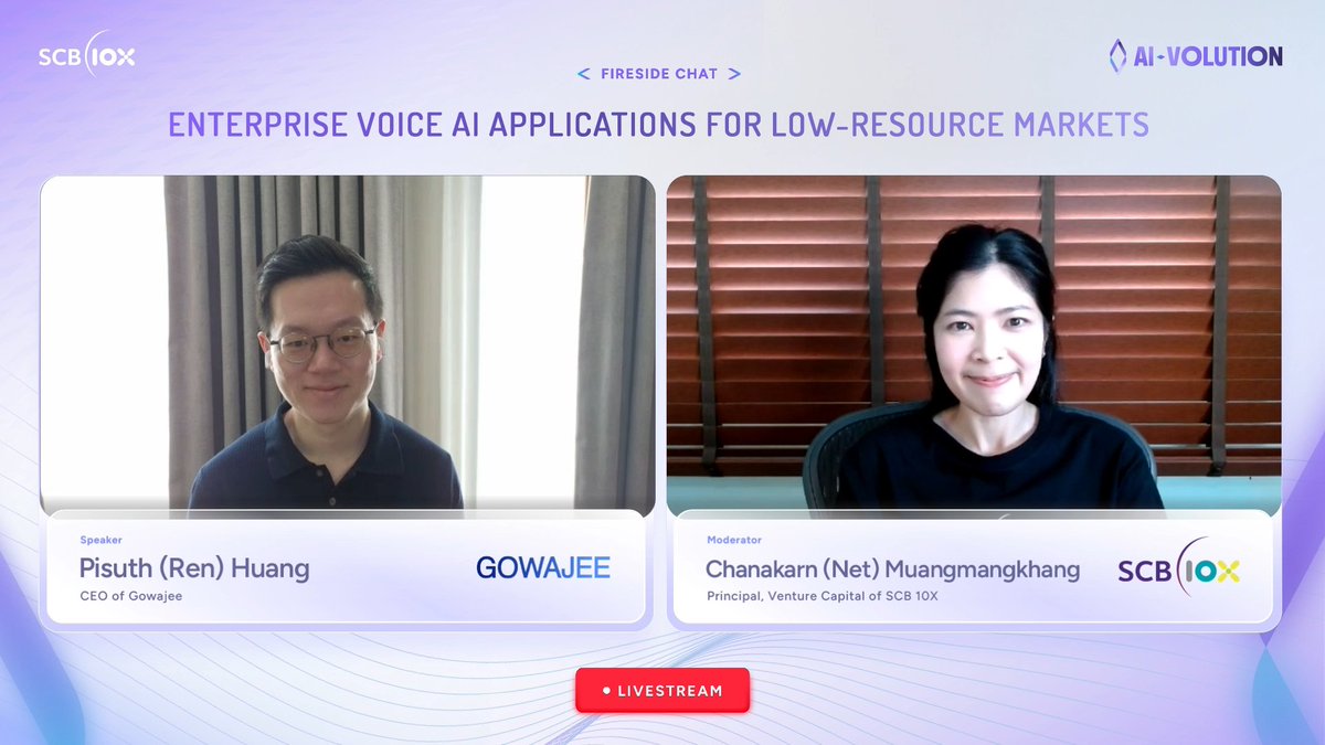 SCB10X_OFFICIAL's tweet image. Key Highlights #AIVOLUTION

Session: Enterprise Voice AI Applications for Low-Resource Markets
Pisuth (Ren) Huang of Gowajee &amp;amp; Chanakarn (Net) Muangmangkhang of @SCB10X_OFFICIAL

See thread👇