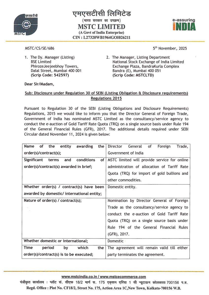 stocknewslatest's tweet image. #MSTCLTD MSTC Limited was nominated by the Director General of Foreign Trade (DGFT) as the sole e-auction agency for Gold Tariff Rate Quota (TRQ) on a single-source basis. The company will earn revenue from transaction fees paid by bidders, anticipating a fair volume of business.
