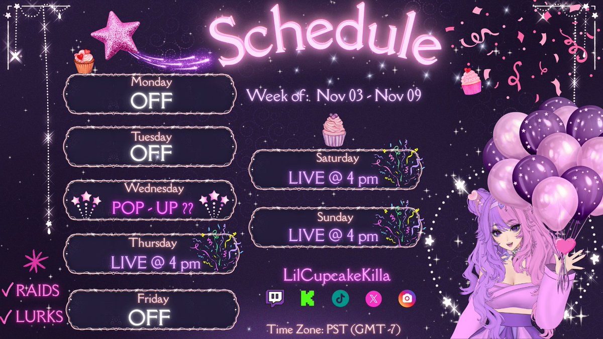 🌟 SCHEDULE 🌟
twitch.tv/lilcupcakekilla

💥 Possible pop-up stream on Wednesday! 💥

#twitchgirls #twitchgaming #twitchaffiliate #streamer #twitchstream #twitch #twitchpartner #smallstreamer #smallstreamerconnect #smallstreamercommunity #envtuber #vtubers #vtuber #vtubersupport