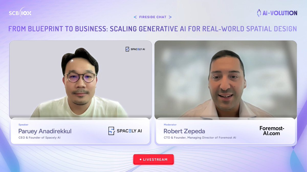SCB10X_OFFICIAL's tweet image. Key Highlights #AIVOLUTION

Session: From Blueprint to Business: Scaling Generative AI for Real-World Spatial Design
Paruey Anadirekkul of @spacelyai &amp;amp; Robert Zepeda of Foremost AI

See thread👇