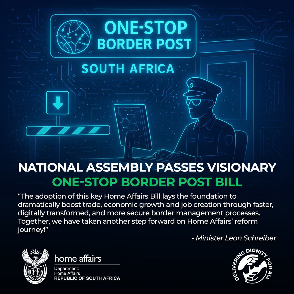 Leon_Schreib's tweet image. The adoption by the National Assembly yesterday of the One-Stop Border Post Bill is the very definition of pro-growth reform by the GNU. It lays the foundation to slash red tape and delays, digitalise and modernise border processes, and boost regional trade to create jobs! 🇿🇦