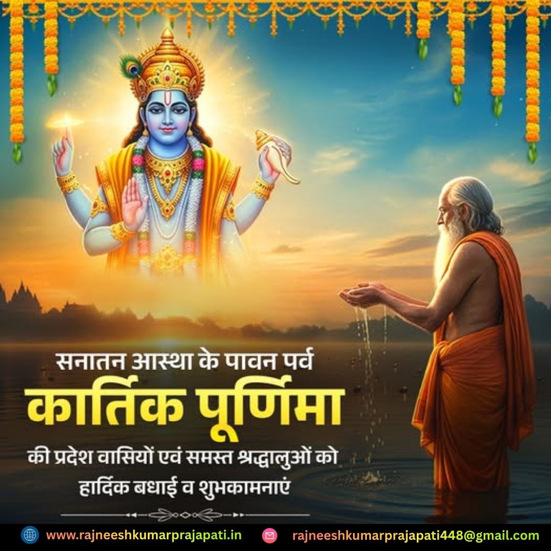 Rajneeshkumarps's tweet image. सनातन आस्था के पावन पर्व &apos;कार्तिक पूर्णिमा&apos; की प्रदेश वासियों एवं समस्त श्रद्धालुओं को हार्दिक बधाई व शुभकामनाएं!

गंगा स्नान व दीपदान की पुण्यकारी परंपरा से आलोकित यह पर्व जीवन में नई ऊर्जा और प्रेरणा दे, भगवान श्री हरि विष्णु एवं माँ गंगा से यही प्रार्थना है।
@myogiadityanath