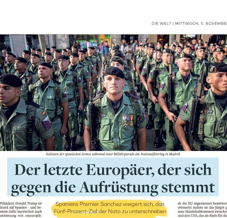 ArnoGottschalk's tweet image. Anders:

Der letzte
vernünftige (und mutige)
europäische NATO-Partner 

@welt 
#Spanien #NATO #Aufrüstung #Sanchez
