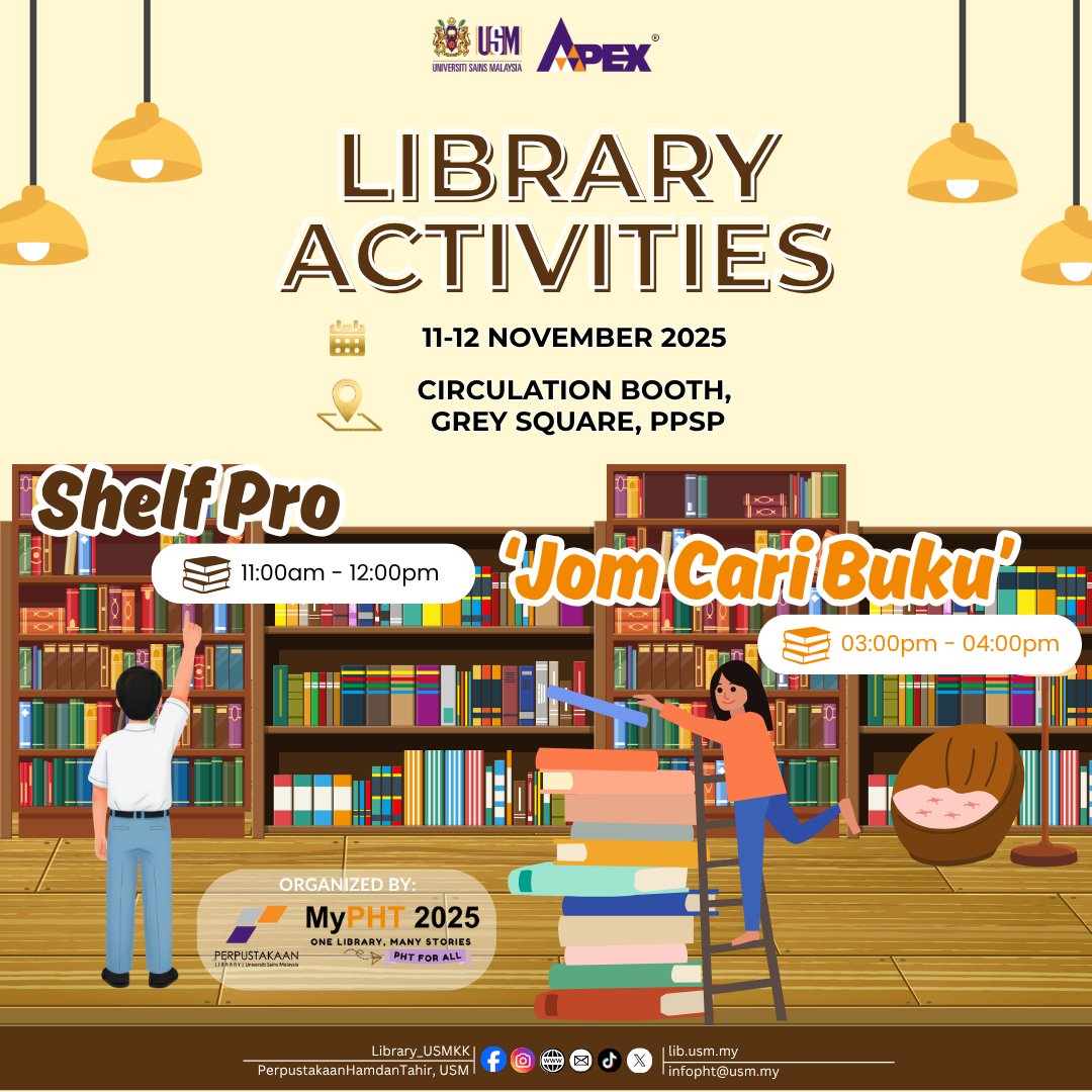 Library_USMKK's tweet image. MyPHT 2025 is back!

📚 LIBRARY ACTIVITIES! 🎉

Looking for something fun and relaxing to do at the library? We’ve got you covered with two exciting activities!

Come join us for some library fun and stand a chance to win exciting prizes!🎁

Let’s see who’s the real Shelf Pro!😄