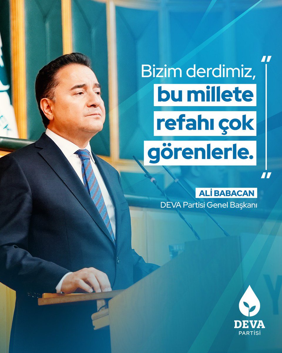 Ali Babacan: “Bizim hiçbir partiyle ne derdimiz var ne de kavgamız.

Bizim derdimiz, bu millete refahı çok görenlerle.

Bizim derdimiz, etrafındaki menfaat şebekelerini
doyurmakla meşgul olanlarla.

Bizim derdimiz, milletine tepeden bakanlarla, parmak sallayanlarla.

Bizim