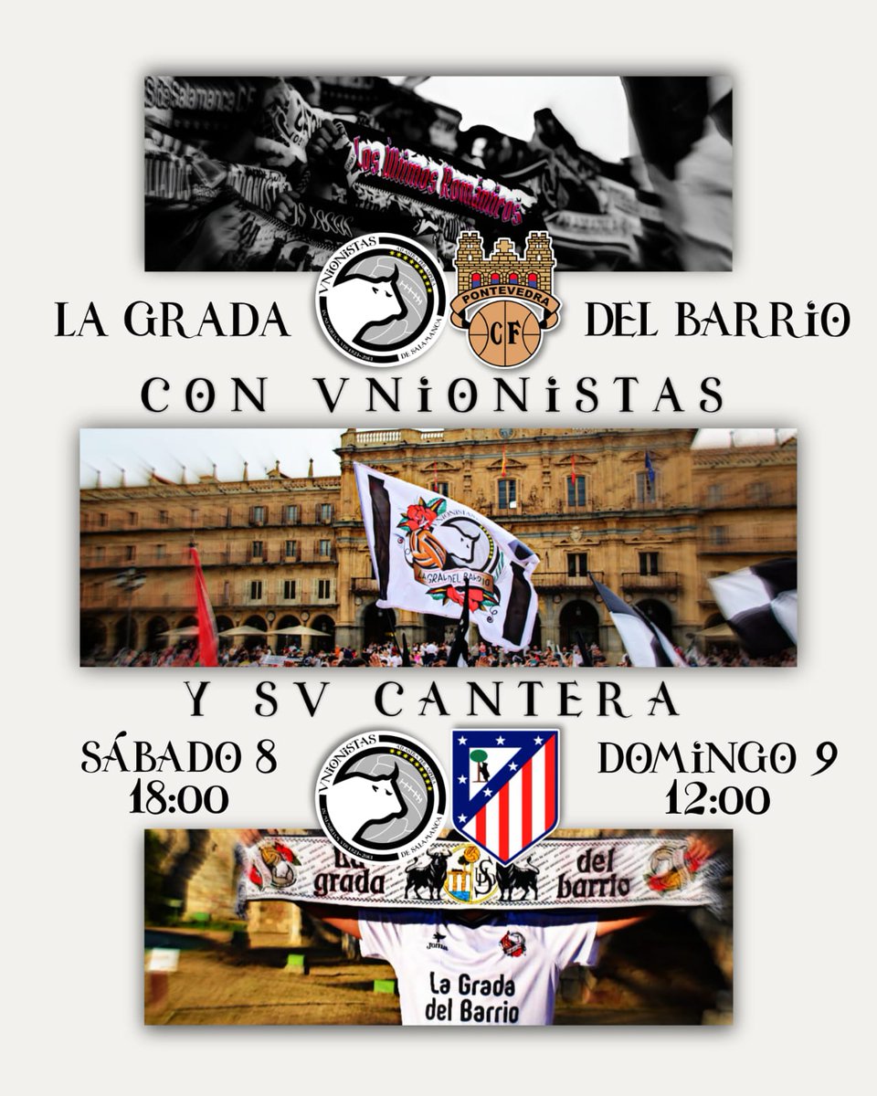Fin de semana muy <a href="/UnionistasCF/">Unionistas de Salamanca CF</a>
SABADO:
👉 Gran previa desde las 16:00h en el Guinaldo.
👉Puesto de material.
DOMINGO
👉 Apoya al juvenil en un partido histórico