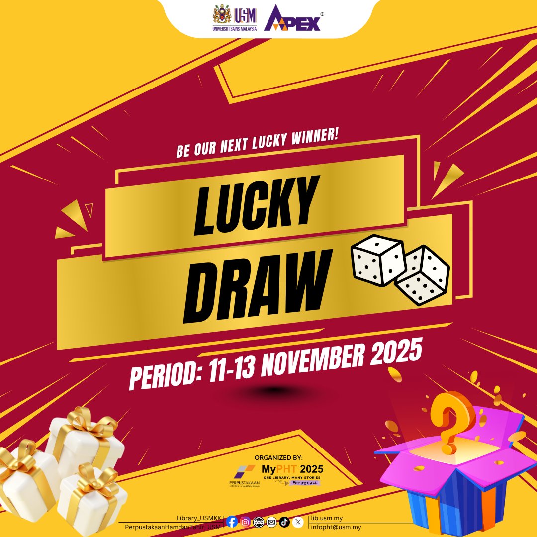 Library_USMKK's tweet image. MyPHT 2025 is back!
Get ready to explore a variety of exciting activities at MyPHT 2025: “One Library, Many Stories: PHT for All”!

Be our next LUCKY WINNER!🎲

Drop your name in our MyPHT 2025 Lucky Draw Box from 11–13 November 2025 and stand a chance to win exciting prizes!🎉