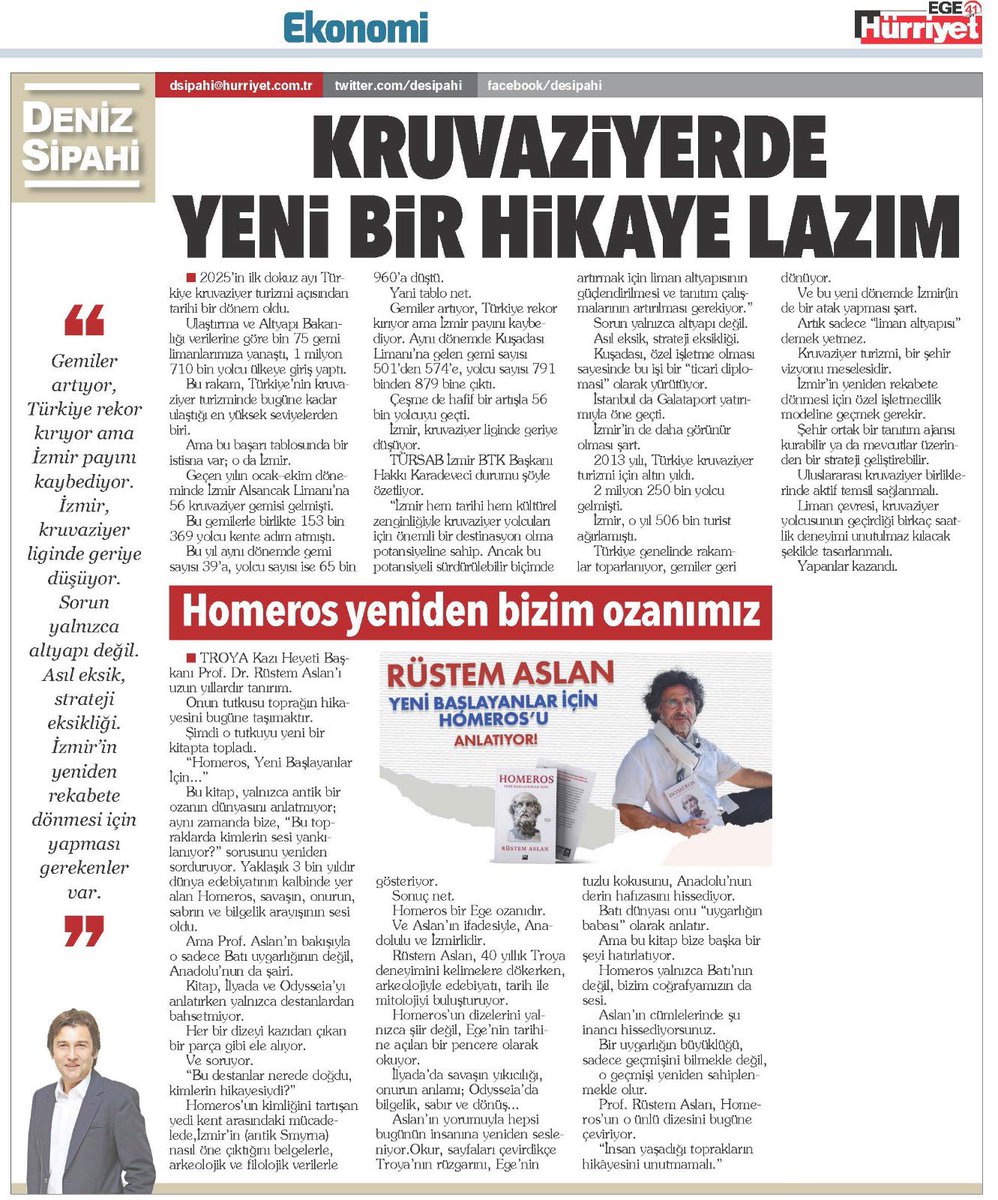 5 Kasım 2025 tarihli Hürriyet Ege’de yayınlanan Deniz Sipahi yazısı: ‘’Homeros Bizim Ozanımız.’’

<a href="/TCKulturTurizm/">T.C. Kültür ve Turizm Bakanlığı</a> <a href="/kvmgm/">Kültür Varlıkları ve Müzeler Genel Müdürlüğü</a> <a href="/troyamuzesi/">Troya Müzesi</a> <a href="/CanakkaleGovTr/">Çanakkale Valiliği</a>
