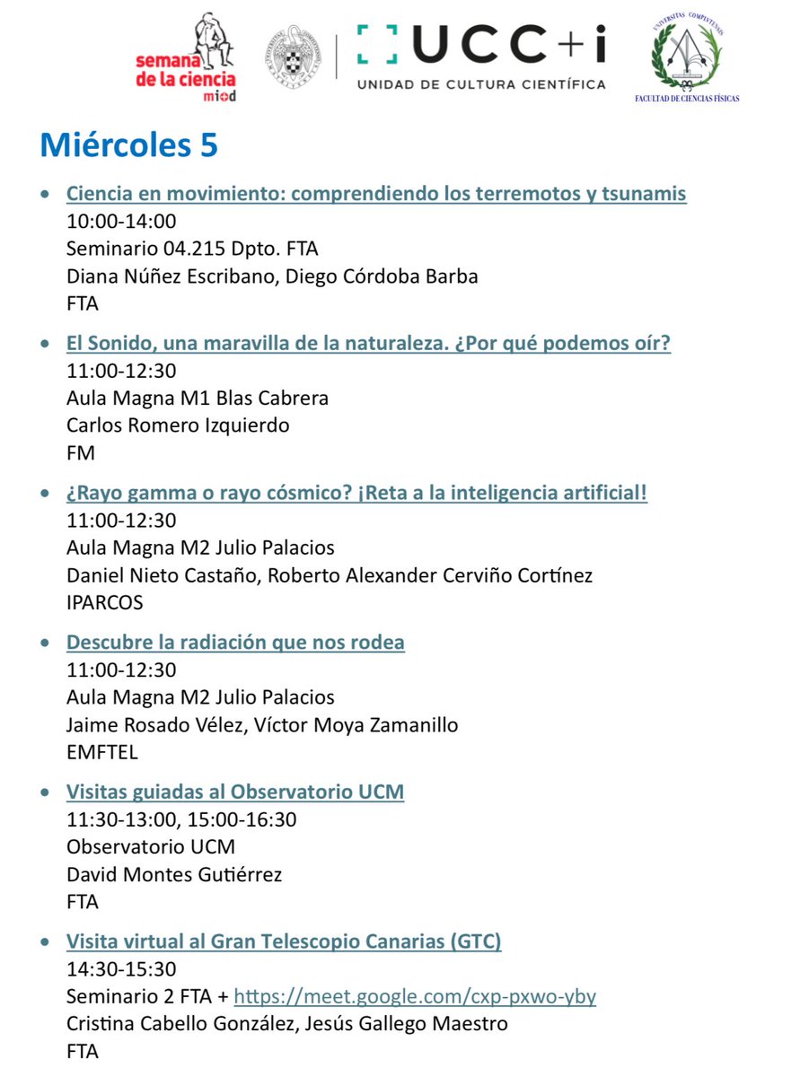 Actividades de hoy miércoles 5 de noviembre en la Facultad de Ciencias Físicas <a href="/Fisicas_UCM/">Facultad Físicas UCM</a> en La Semana de la Ciencia y la Innovación de Madrid (3 al 16  de noviembre 2025) #SemanaCiencia #SemanaCienciaFisicas2025 
👉Calendario y reservas: fisicas.ucm.es/semana-de-la-c…