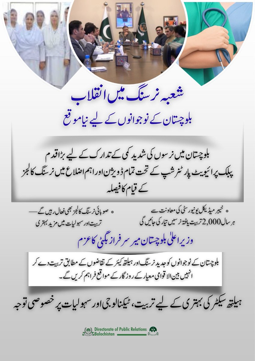 DigitalDGPR2024's tweet image. بلوچستان میں نرسنگ کے شعبے میں انقلابی قدم!
نوجوانوں کے لیے نئے نرسنگ کالجز کا قیام، تربیت اور روزگار کے بے شمار مواقع 🔹
وزیر اعلیٰ میر سرفراز بگٹی کا وژن: بہتر صحت، مضبوط نظام۔

#Balochistan #NursingRevolution #DGPRBalochistan #HealthCare #YouthOpportunities #بلوچستان #صحت