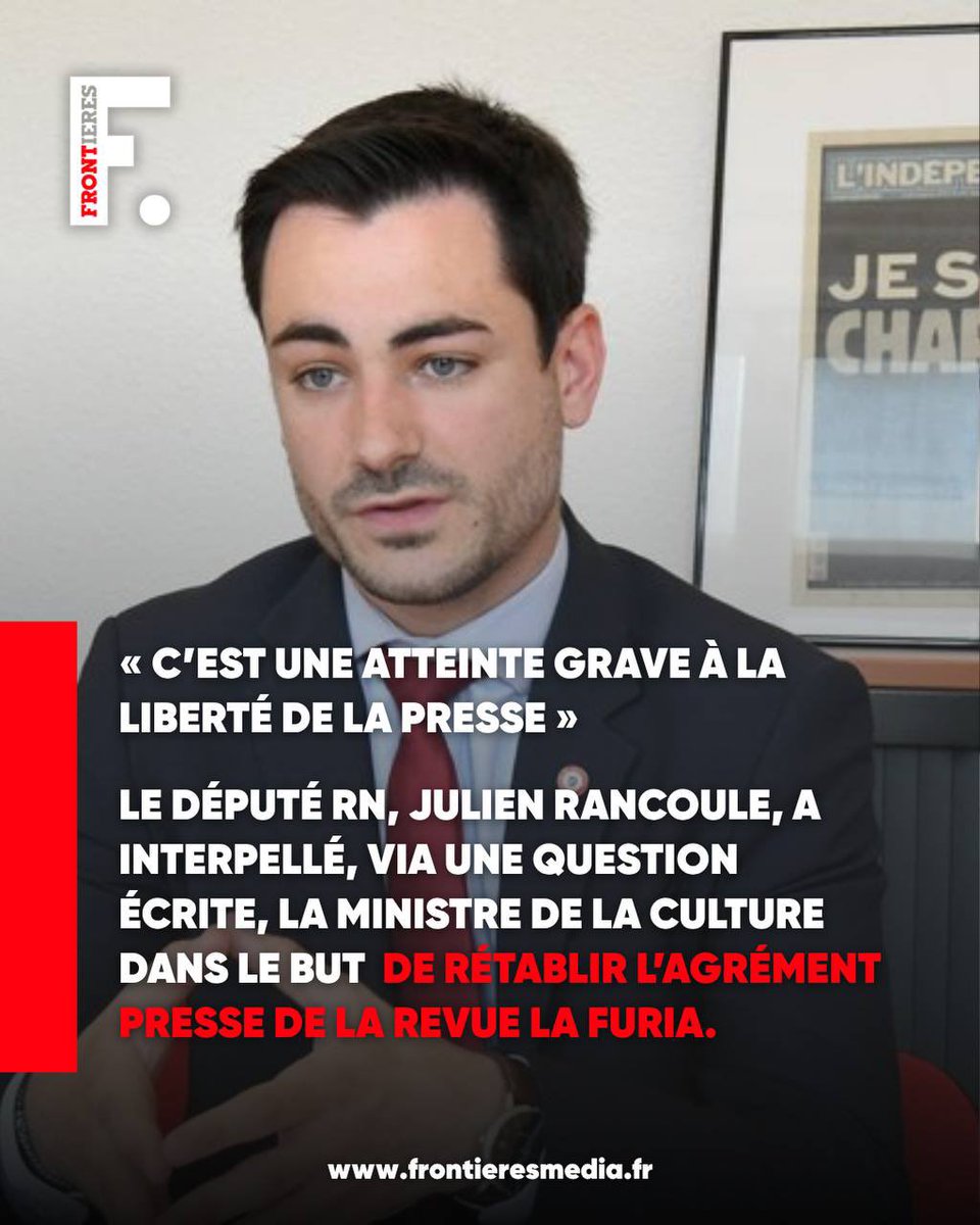 🚨 ALERTE INFO 🚨

Le député RN <a href="/J_Rancoule/">Julien Rancoule</a> a interpellé, via une question écrite, la ministre de la Culture dans le but de RÉTABLIR l’agrément presse de la revue LA FURIA.