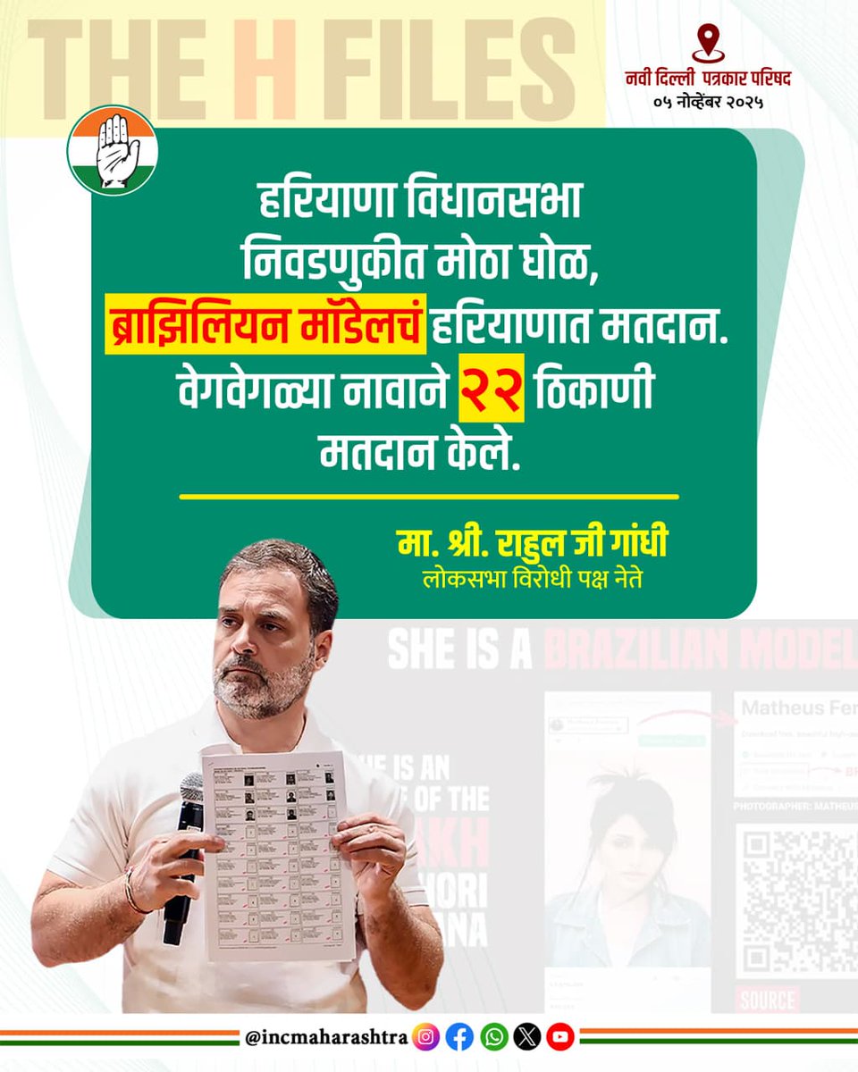 ब्राझिलियन मॉडेलने हरियाणात मतदान केले.
 एवढंच नाही… त्याच व्यक्तीने वेगवेगळ्या नावाने तब्बल २२ ठिकाणी मतदान केले आहे.

 संपूर्ण निवडणूक प्रक्रियेवर प्रश्नचिन्ह आहे. जर ब्राझिलियन नागरिक भारतात २२ वेळा मतदान करू शकतो, तर निवडणूक आयोगाचं आणि सरकारचं यंत्रणांवरचं नियंत्रण कुठं आहे