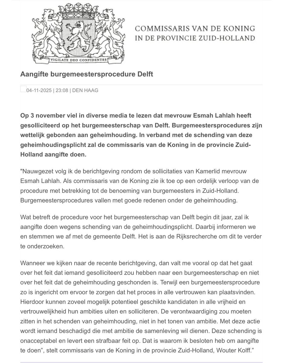Inzake het schenden van de geheimhouding rondom de burgemeestersprocedure van <a href="/GemeenteDelft/">Gemeente Delft</a> heb ik besloten aangifte te doen: