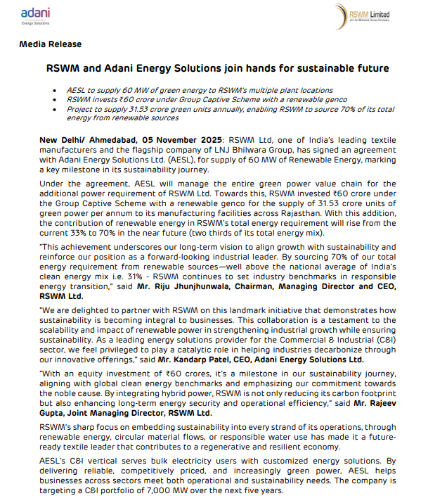 RSWM Ltd, one of India’s leading textile manufacturers and the flagship company of LNJ Bhilwara Group, has signed an agreement with Adani Energy Solutions Ltd. (AESL), for supply of 60 MW of Renewable Energy, marking a key milestone in its sustainability journey. Under the