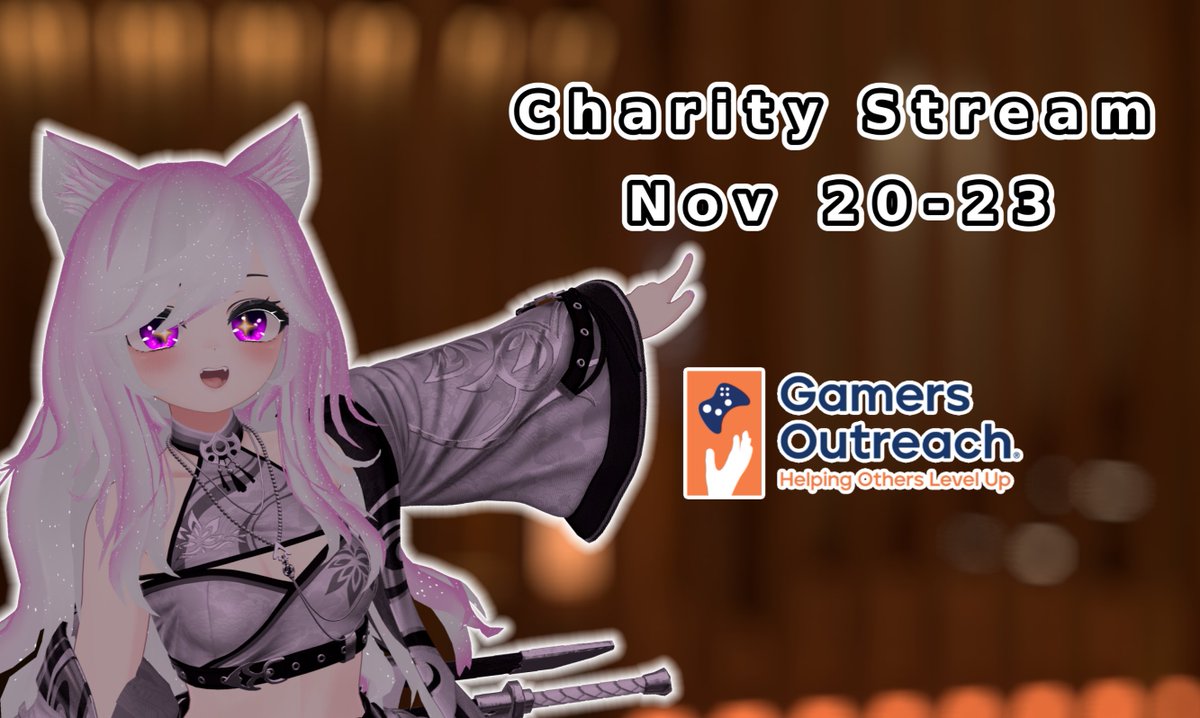 Only a couple weeks away! 
Charity stream Nov 20–23 for Gamers Outreach. 
They bring games to kids in hospitals. 
Hope to see you then♥️
twitch.tv/Luuna