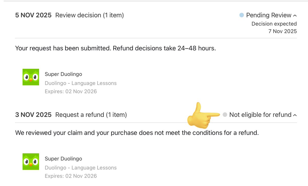 lemes bgt….refundnya ditolak im literally a college student plus u didnt warn me 2 days prior before charging such big amount like u said u will before i try the free trial <a href="/duolingo/">Duolingo</a> this is straight up scam i am legit struggling to get through this month im gonna kms <a href="/Apple/">Apple</a>