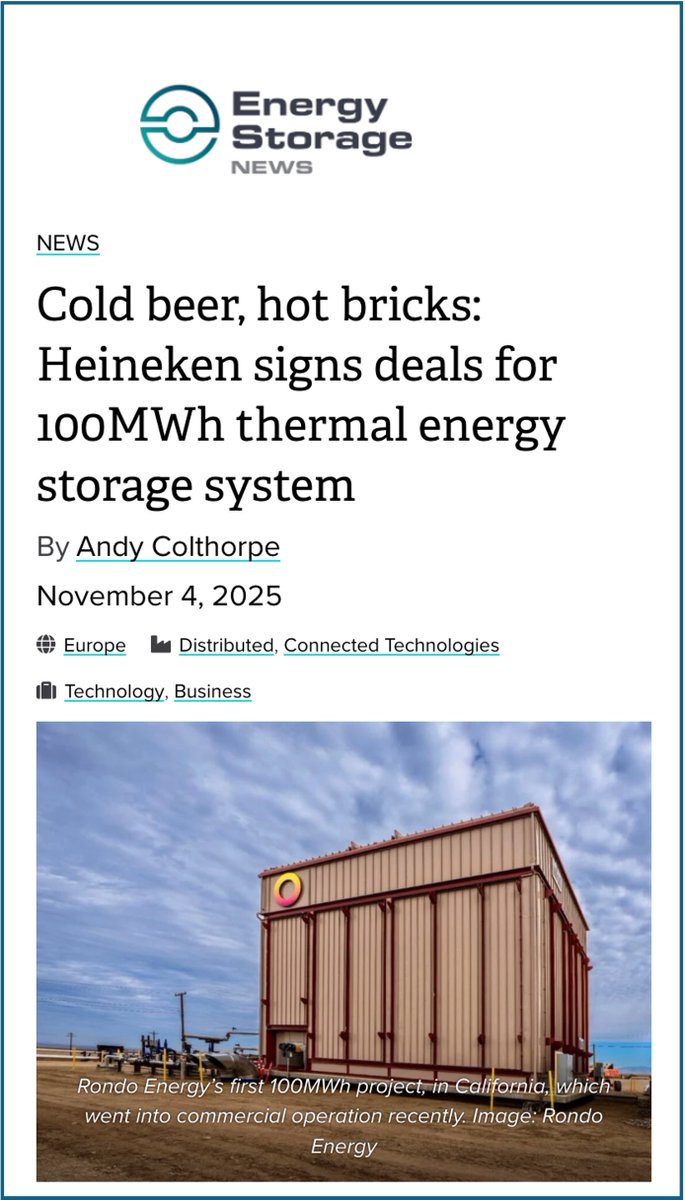 From hard-to-abate to ready-to-innovate: Heineken has just announced a major step toward decarbonising industrial heat: 

The company will install a 100 MWh thermal energy storage system near Lisbon, in partnership with <a href="/rondoenergy/">Rondo Energy</a> and EDP.

energy-storage.news/cold-beer-hot-…
