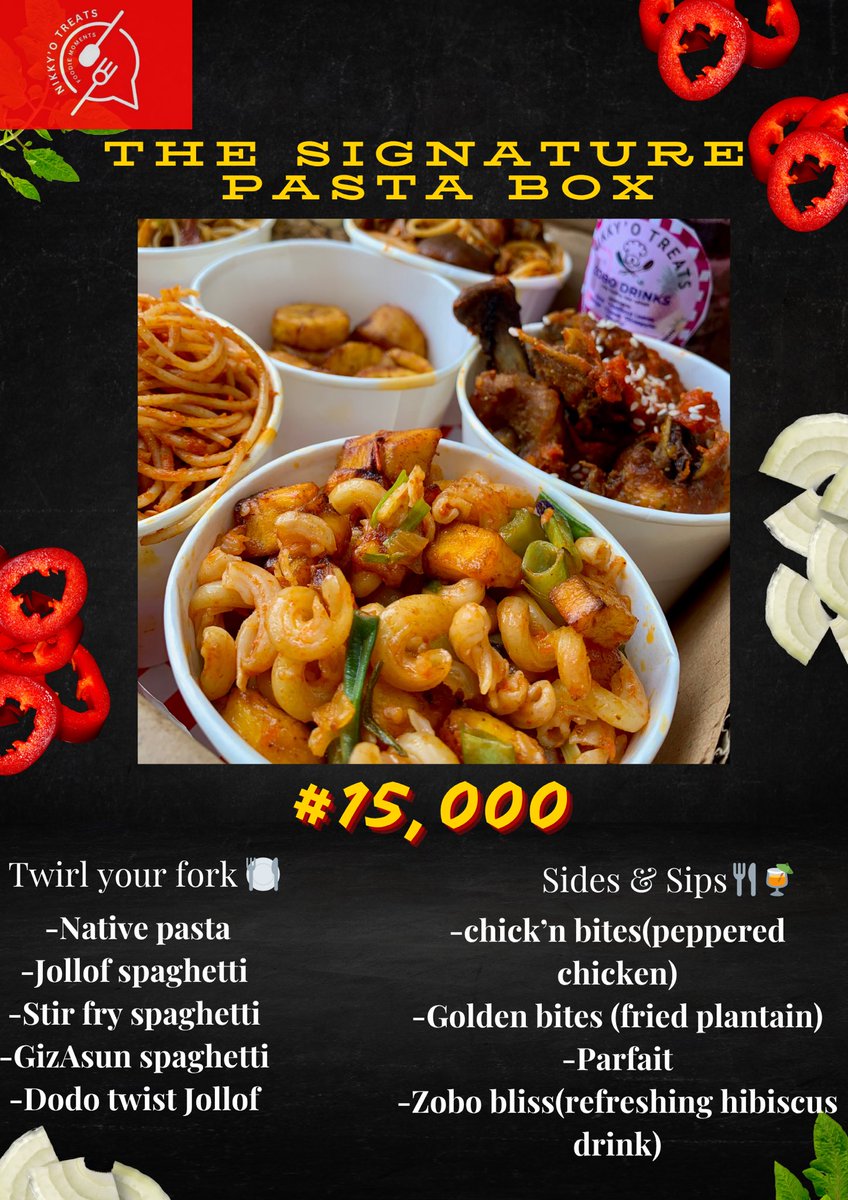 REBRANDING 
Coconut bliss rice,jollof fusion and special fried rice delight box will be merge into ONE AMAZING BOX 
This is for our customers to save and enjoy more
STAY TUNED!

Ps:Order now for THE SIGNATURE PASTA BOX 

DELIVERY DAYS:FRIDAY&amp;SATURDAY 

📍Ibadan