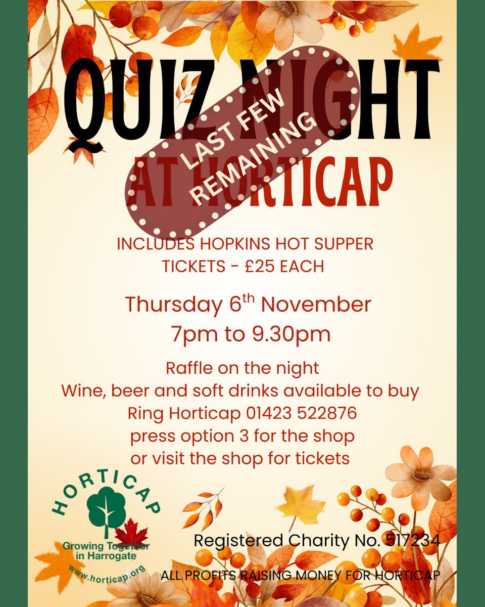 We’ve got 7 tickets up for grabs for our fun quiz. C’mon folks, let’s make it another sell-out! Every penny goes to helping our students! 🙏🏻 #Harrogate #charity #learningdidabilities #horticulture #fundraising
