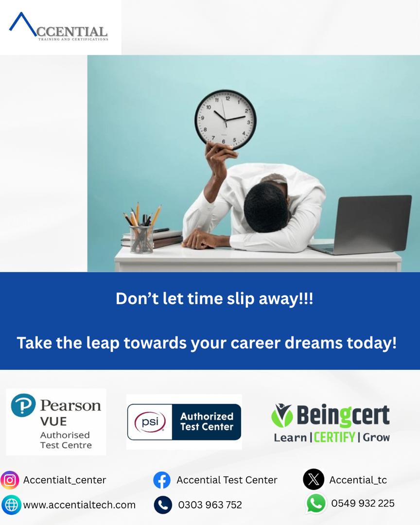 Accential_TC's tweet image. Time is ticking, tick tock.
Don&apos;t let time slip away!
Leap towards your career dreams today with Accential.
#CareerGoals #Accential #LearnAndGrow #accentialtech #GlobalCertifications #PearsonVue #psi #HassleFreeTesting #RegisterNow #internationalcertification #UnlockYourPotential
