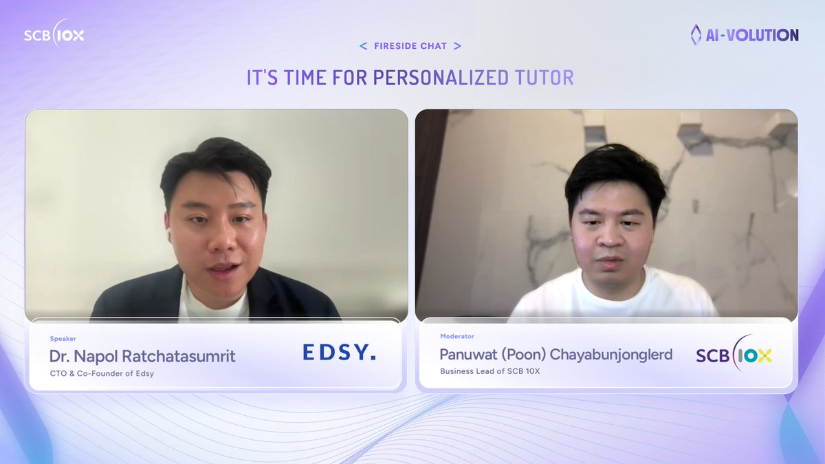 SCB10X_OFFICIAL's tweet image. Key Highlights #AIVOLUTION

Session: It’s Time for Personalized Tutor
Dr. Napol Ratchatasumrit of Edsy &amp;amp; Panuwat (Poon) Chayabunjonglerd of @SCB10X_OFFICIAL

See thread👇