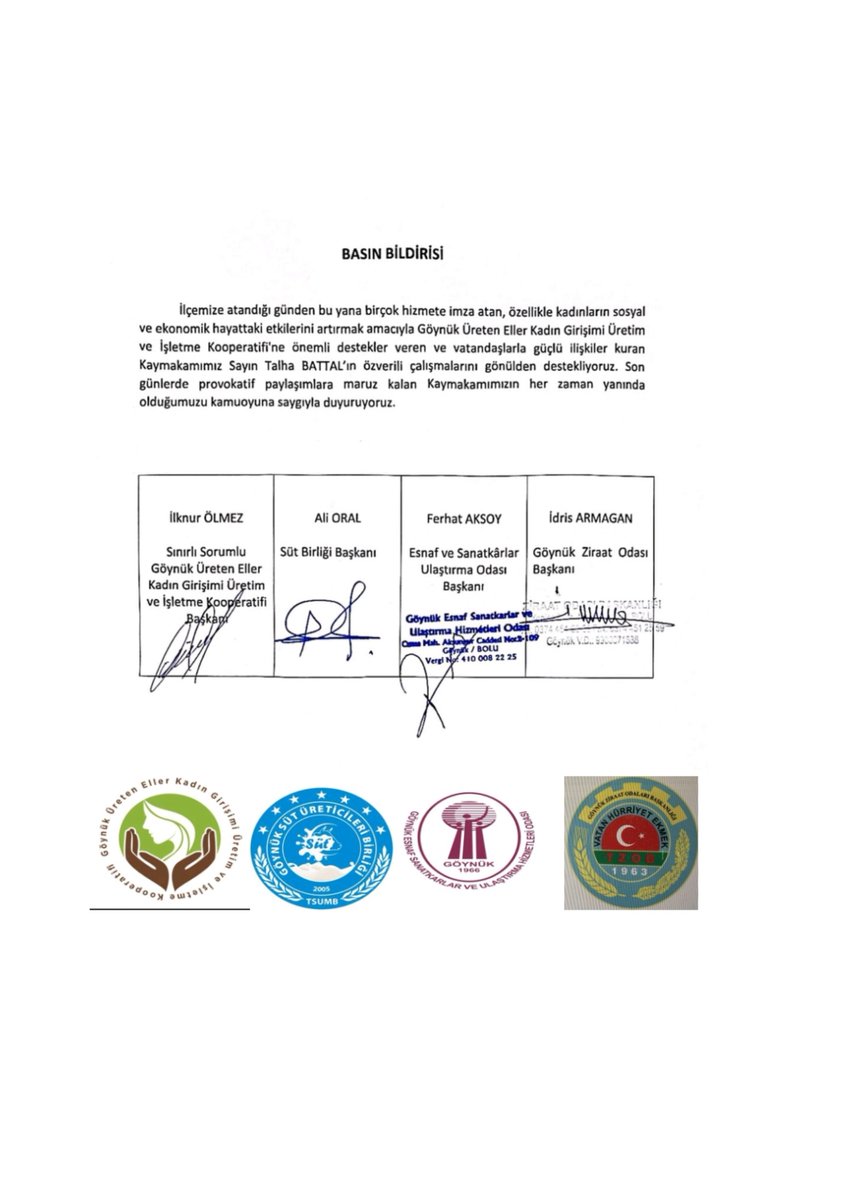 Kaymakamlığımız tarafından yapılan çalışmalara ve Kaymakamımız Sn. Talha BATTAL'a verdikleri destekten dolayı Sn. Ali ORAL'a, Sn. İlknur ÖLMEZ'e, Sn. Ferhat AKSOY'a ve Sn. İdris ARMAĞAN'a teşekkür ederiz.