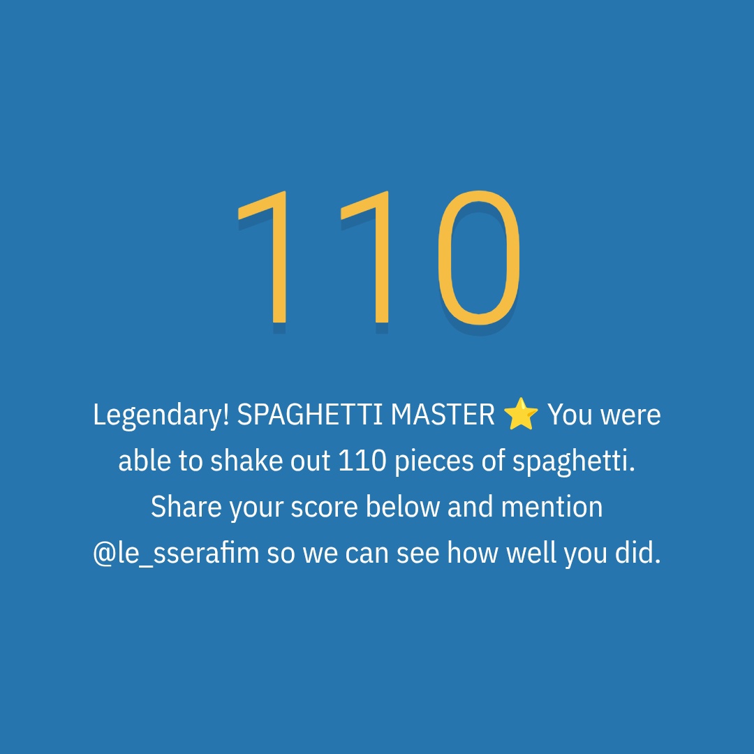 oneiricstar's tweet image. #spaghettigame 👑🍝 110 noodles
Legendary! SPAGHETTI MASTER 🌟
spaghettigame.com anjim