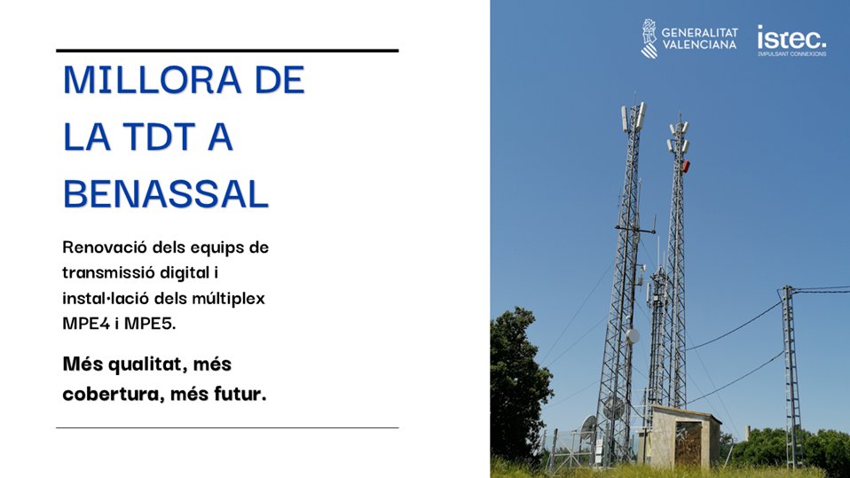 GVAIstec's tweet image. La @generalitat, a través de @Gvaistec, ha renovat els equips de TDT #múltiplex del centre de #Benassal per a millorar l&apos;emissió dels canals RGE2, MPE1, MPE2, MPE3 i MAUT, i incorporar els múltiples MPE4 i MPE5
@AjBenassal @MMaestrat #telecomunicacions #TDT 📺📡