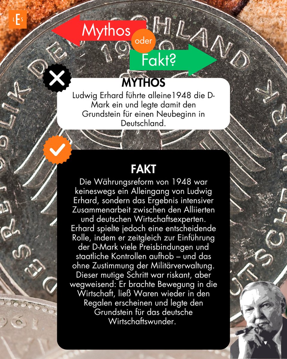 Mythos oder Fakt? 🤔
Ludwig Erhard führte nicht allein 1948 die D-Mark ein. Die Währungsreform war Teamarbeit von Alliierten &amp; deutschen Experten.
Erhards mutiger Alleingang: Er hob Preisbindungen auf – und startete das Wirtschaftswunder. 💶✨
#Wirtschaftswunder #Geschichte
