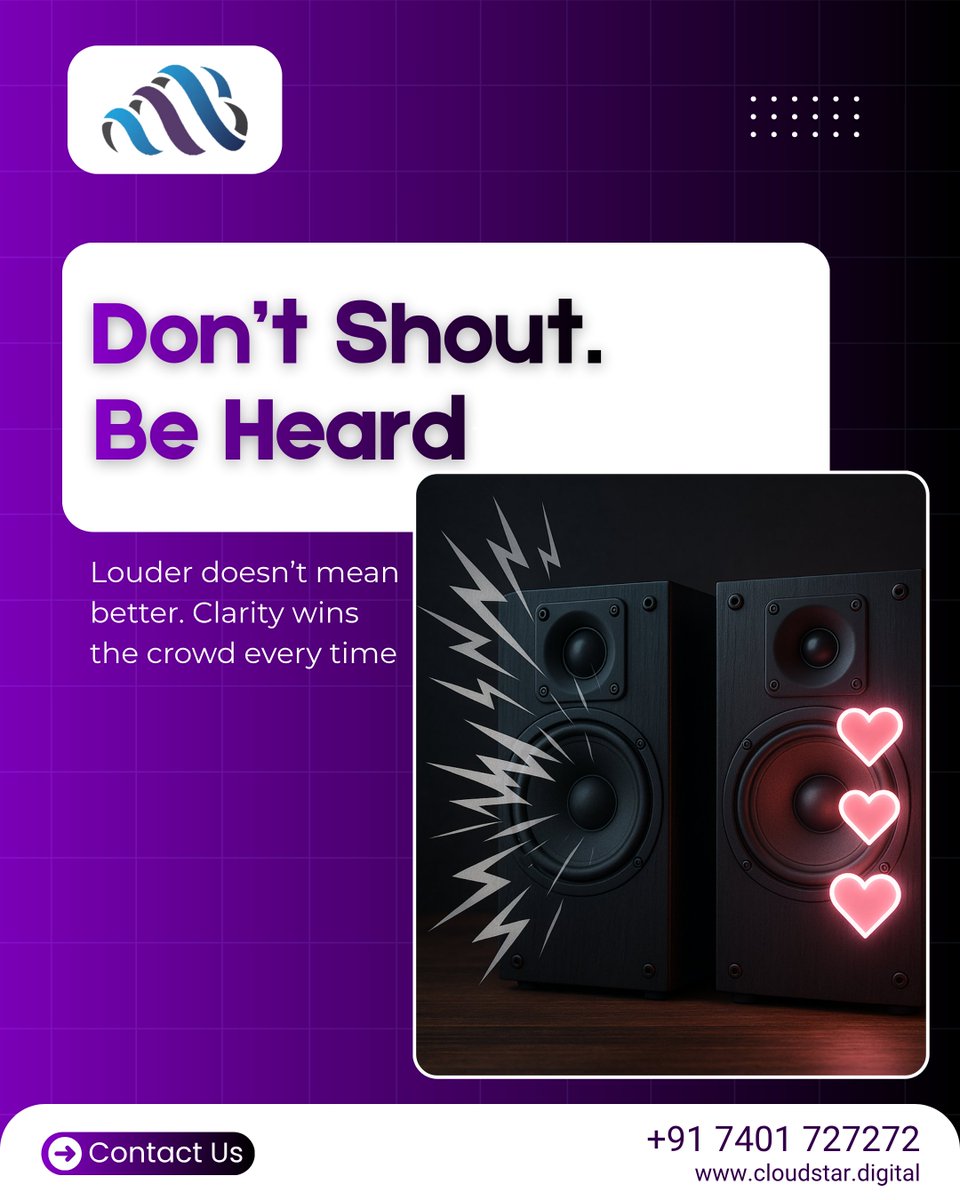 Cloudstardigi's tweet image. Don’t Shout. Be Heard.” 🔊

“Louder doesn’t mean better. Clarity wins the crowd every time.”

🌐 cloudstar.digital | 📞 7401 72 72 72
#SmartMarketing #BrandTone #CommunicationMatters #DigitalIdentity