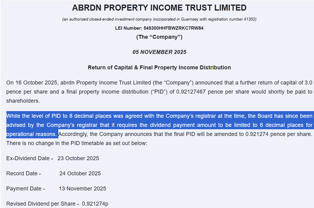 entrustTMF's tweet image. Sloppy, sloppy, sloppy...ONLY 6 decimal places?? The world is going to the dogs😬

#API ABRDN Property Income return of Capital