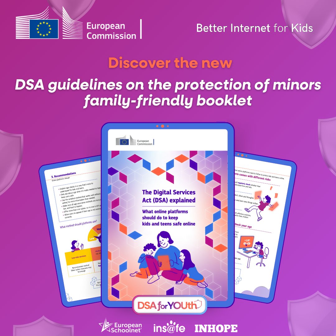 Insafenetwork's tweet image. 📘 How must online platforms protect children and teens according to the DSA guidelines? This new booklet lays it all out, have a read! 👉 tinyurl.com/2wfw7nrc
