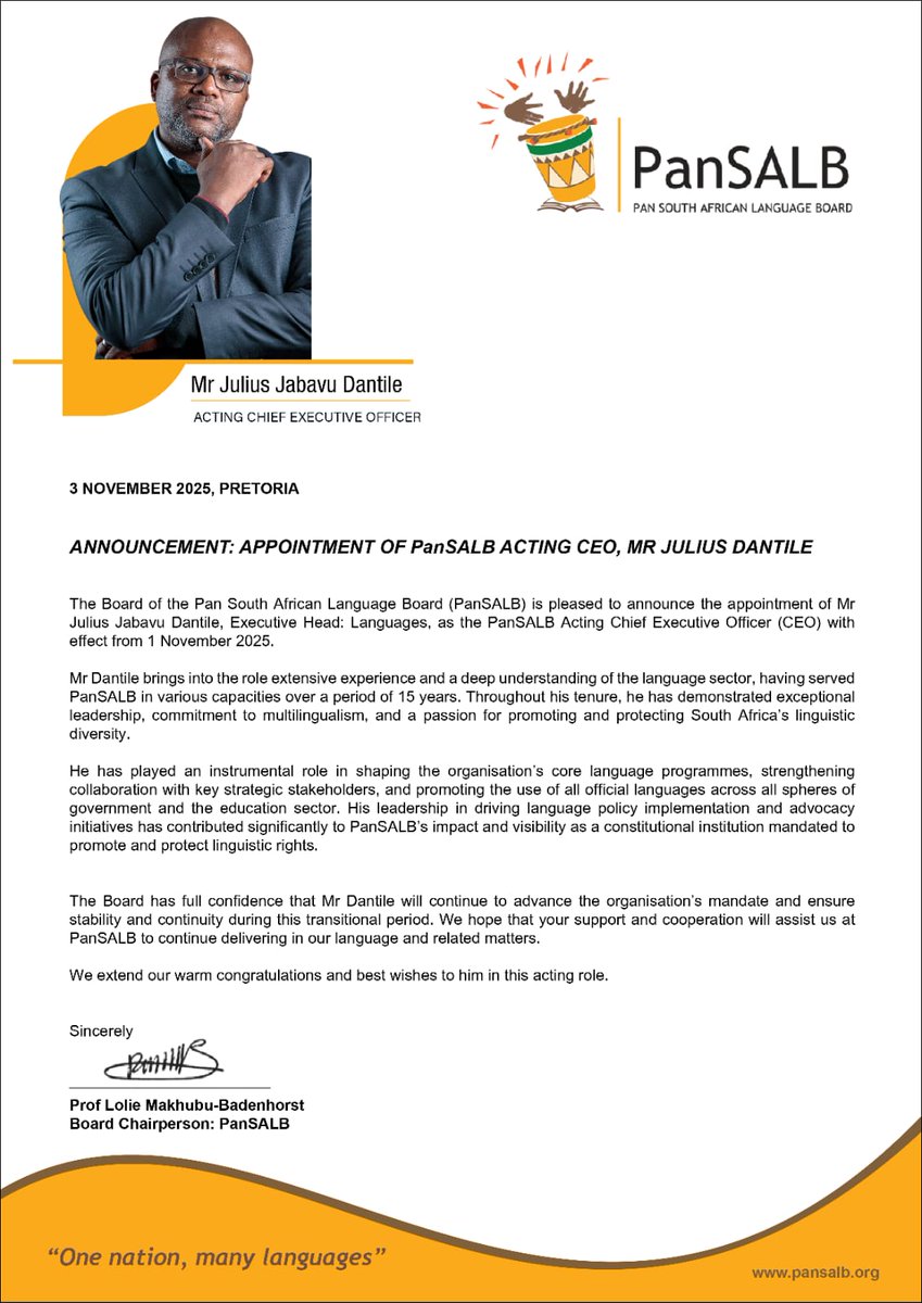 Breaking News: Mr Julius Dantile becomes acting CEO of <a href="/PanSALB/">Pan South African Language Board</a> .