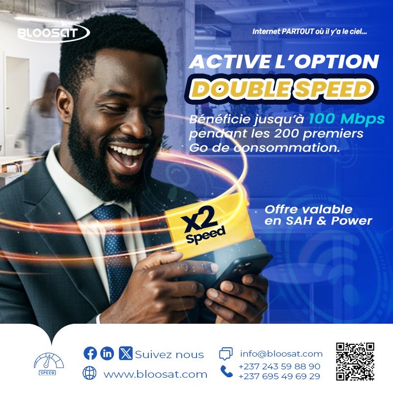 BloosatCameroun's tweet image. Besoin de plus de vitesse ?
Active l’option #DOUBLESPEED et profite jusqu’à 100 Mbps pendant les 200 premiers Go. Offre valable sur les forfaits #SpeedAtHome et #Power.

Pour souscrire à cette option 🛰📡
bit.ly/BloosatCustomer

Pour en savoir plus:
bloosat.com