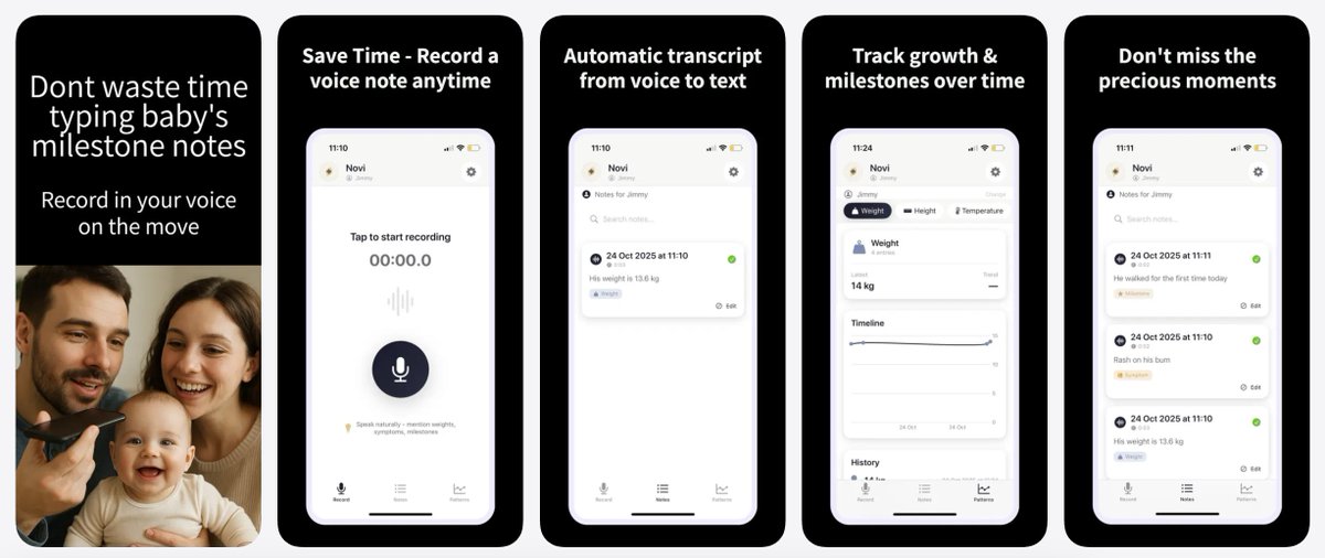 Built a simple Free iOS app for busy parents to track their baby's growth using voice notes. I used to track on whatsapp and that became quite tedious. Solving my own problem now. 
App link - apps.apple.com/nl/app/novi-ba…

Give it a try if you also face this challenge!