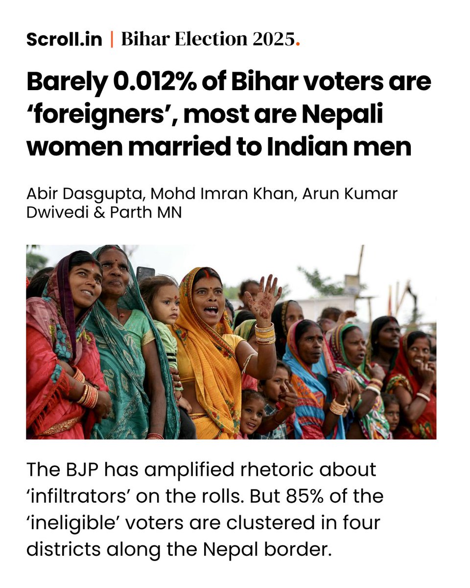 Officials claimed Bihar’s voter rolls were full of "infiltrators"

scroll.in/article/108826… 

ECI data shows that foreign nationals account for less than one hundredth of a percent of the state's voters.  Analysis by

<a href="/AbirDasgupta101/">Abir Dasgupta</a>
<a href="/parthpunter/">Parth MN</a>
Mohd Imran Khan &amp; Arun Kumar