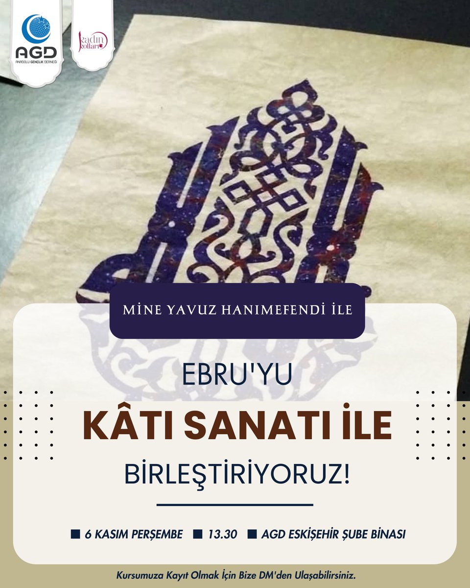✒️ Ebru Sanatını Kâtı Sanatıyla Buluşturuyoruz!

Bu iki köklü sanatın buluştuğu atölyemizde, suyun üzerindeki desenleri kâğıda taşıyacak, onları oyarak farklı bir boyutta yeniden canlandıracağız.

Kursumuza kayıt olmak için bize DM'den ulaşabilirsiniz. 🌷
