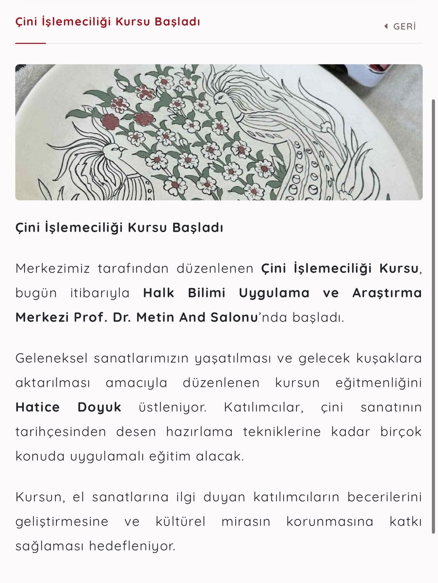 Çini İşlemeciliği Kursu Başladı
Merkezimiz tarafından düzenlenen Çini İşlemeciliği Kursu, bugün itibarıyla Halk Bilimi Uygulama ve Araştırma Merkezi Prof. Dr. Metin And Salonu’nda başladı.

<a href="/Anadolu_Univ/">Anadolu Üniversitesi</a> <a href="/Adiguzel_Yusuf/">Yusuf Adıgüzel</a> <a href="/ayselky2/">ayselky</a> 

anadolutudam.anadolu.edu.tr/haberler/cini-…