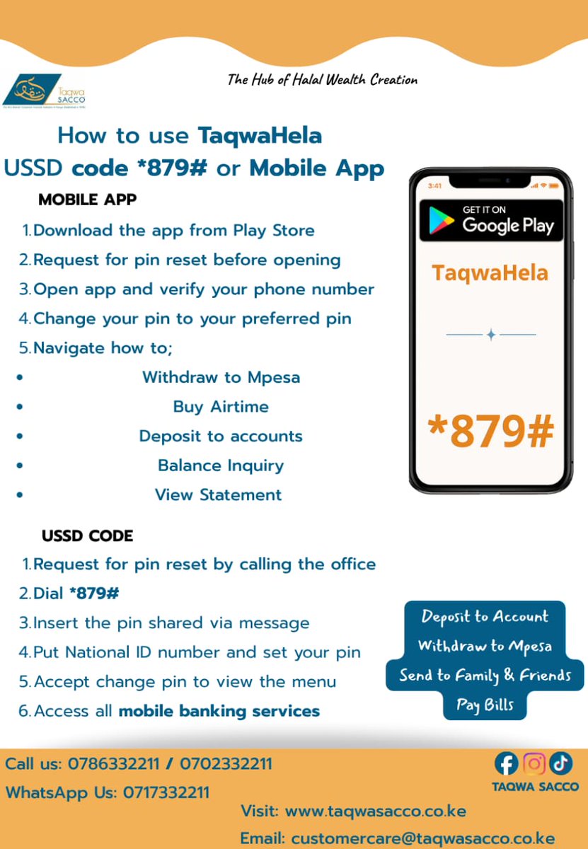 Need quick access to your SACCO account? Use TaqwaHela!

Dial *879# or download the app to bank anytime, anywhere.

Withdraw, deposit, buy airtime &amp; more! 
Easy. Secure. Halal

#TaqwaSACCO #TaqwaHela