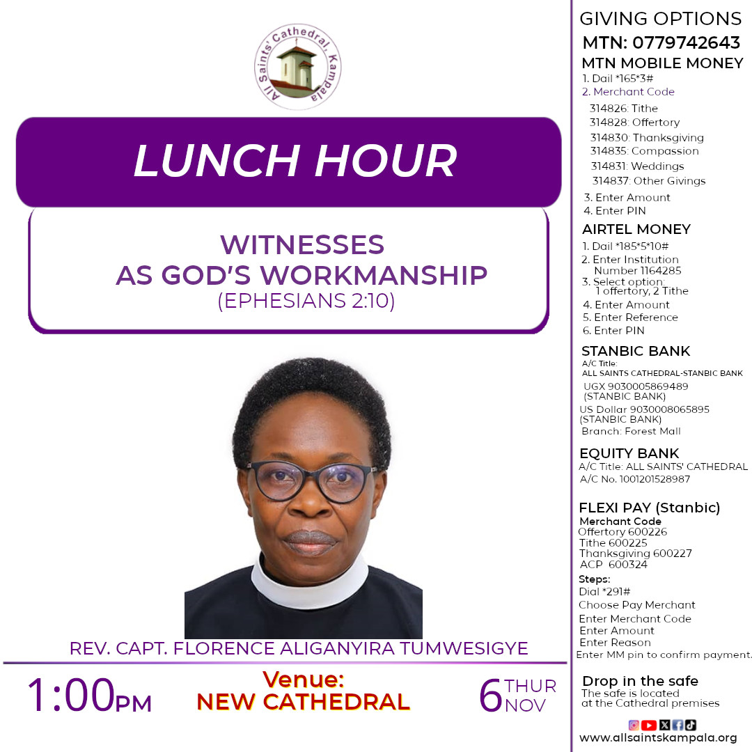 Join us for Lunch Hour physically at the cathedral on Thursday, 6th November 2025 at 1pm. Come with a friend !!
#ASCKLunchHour #Prayer #ASCKChurchOnline