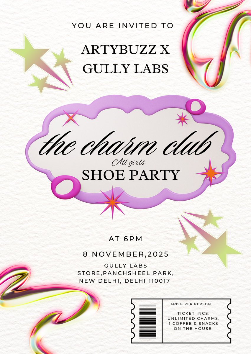 ✨ The Charm Club by Gully Labs x Artybuzz ✨
We’re hosting an all-girls shoe party on 8th Nov, 6- 8PM at Gully Labs 💖

Bring your old pair of Gully Lab shoes &amp; give them a cute new look with unlimited charms, coffee &amp; snacks on the house- all for just ₹1500! ☕👟💫

Limited to