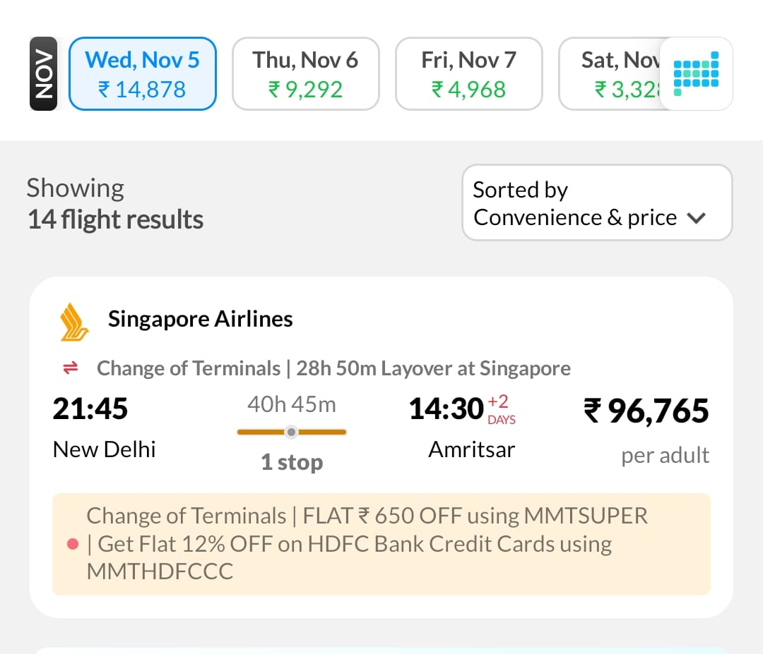 MakeMyTrip really said: “Why go from Delhi to Amritsar in 1 hour when you can take a world tour via Singapore for ₹96,765!” 🌏✈️

Delhi ➡️ Singapore 
(28 hours chai break) 
Singapore ➡️ Amritsar 🙃

At this point, I think they’re trying to help me find myself, not my