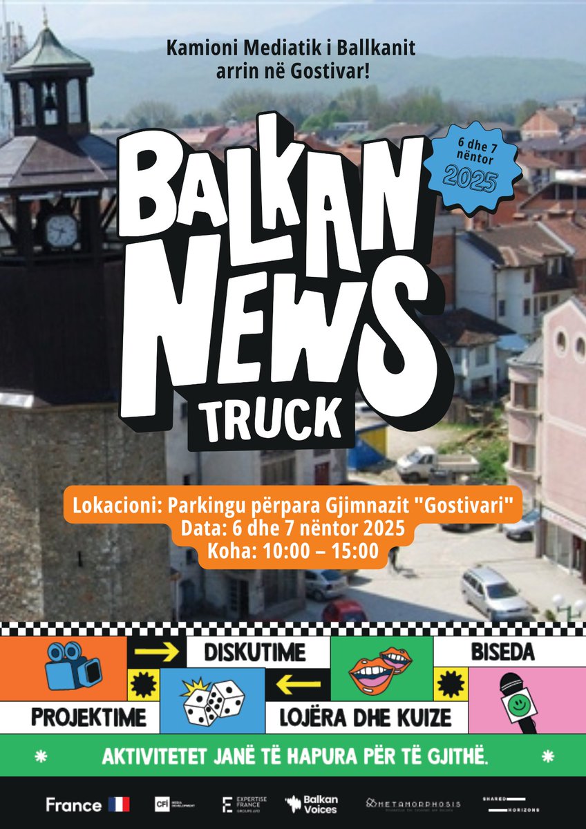 🚚 #BalkanNewsTruck arrin në Gostivar!
Bëhuni gati për dy ditë të mbushura me argëtim, mësim dhe biseda frymëzuese rreth asaj se si krijohen dhe shpërndahen informacionet përreth nesh.
📍 Parkingu para gjimnazit "Gostivari"
📅 6 dhe 7 nëntor 2025
🕙 10:00 – 15:00