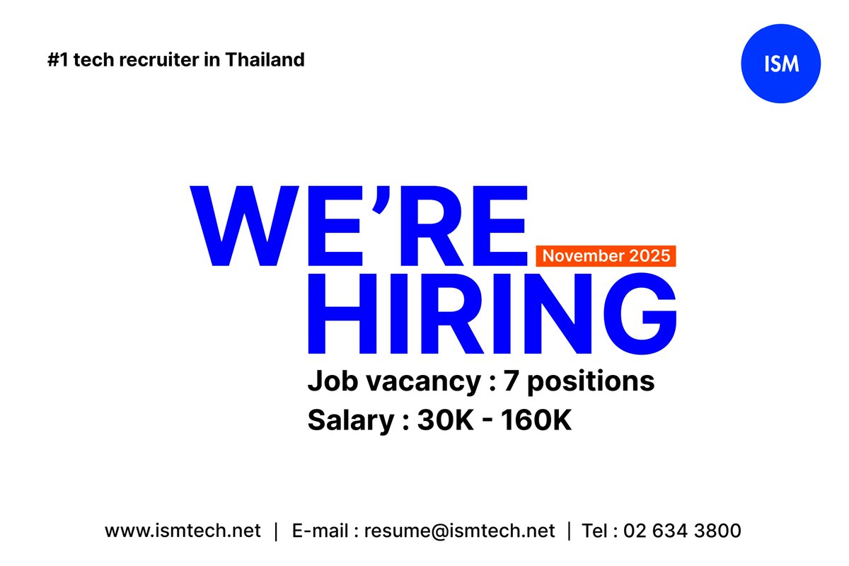 ISMTechnology's tweet image. 📣 อัปเดตตำแหน่งงานไอที &quot;เดือนพฤศจิกายน” มาแล้วววว 📣
💵 เงินเดือน 30K - 160K (แล้วแต่ตำแหน่งงาน)

คลิกดูเลย! bit.ly/48XpW9I

#ISMTechnology #ISMITJobs
#ตำแหน่งงานไอที #งานไอที
