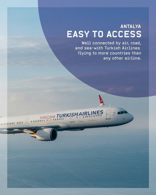 First image displays bold text Antalya Is Waiting For You with details on the 77th International Astronautical Congress as one of the worlds most stunning destinations over a scenic view of Antalya featuring historic buildings a mosque minaret seafront with boats palm trees and a beach promenade. Second image shows Antalya as Turkeys Tourism Capital with text describing it as a hub attracting millions of visitors yearly for culture and events above a panoramic view of the citys historic walls red tower terracotta rooftops greenery and sea. Third image features text Easy To Antalya explaining well-connected via Turkish Airlines flying to more countries than any other airline over an image of a Turkish Airlines airplane in flight against a blue sky. Fourth image presents world-class cuisine from traditional Turkish to international flavors on a wooden table with dishes including green salad with egg olive oil feta cheese tomatoes cucumbers peppers shrimp in tomato sauce yogurt soup grilled fish lemon wedges pita bread olives and french fries.